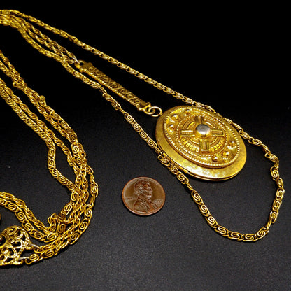 Goldette Large Locket Necklace, Gold Plated, Two Strands, 1950s Vintage Jewelry