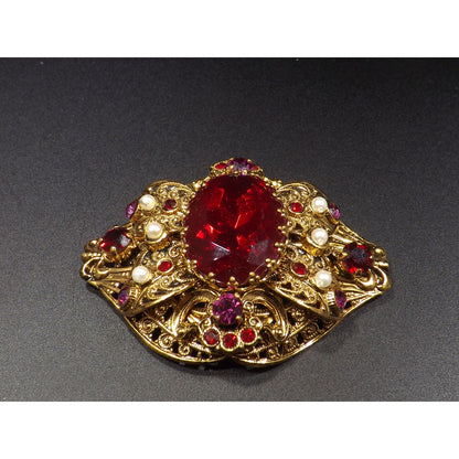 Made Germany Large Red Rhinestone Filigree Brooch, Faux Pearls, 1940s Vintage Jewelry