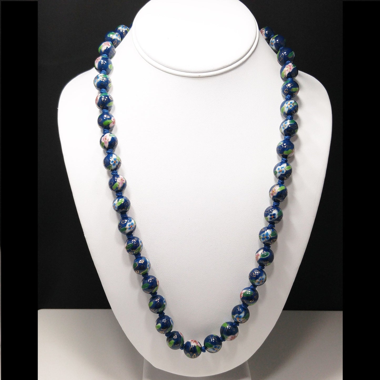 Vintage Chinese Hand Knotted Beaded Necklace, Blue Hand Painted Floral Beads, 1960s Vintage Jewelry