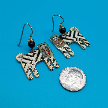Laurel Burch "Zzzebra" Drop Earrings, Cloisonne Enamel, Gold Plated, 1980s