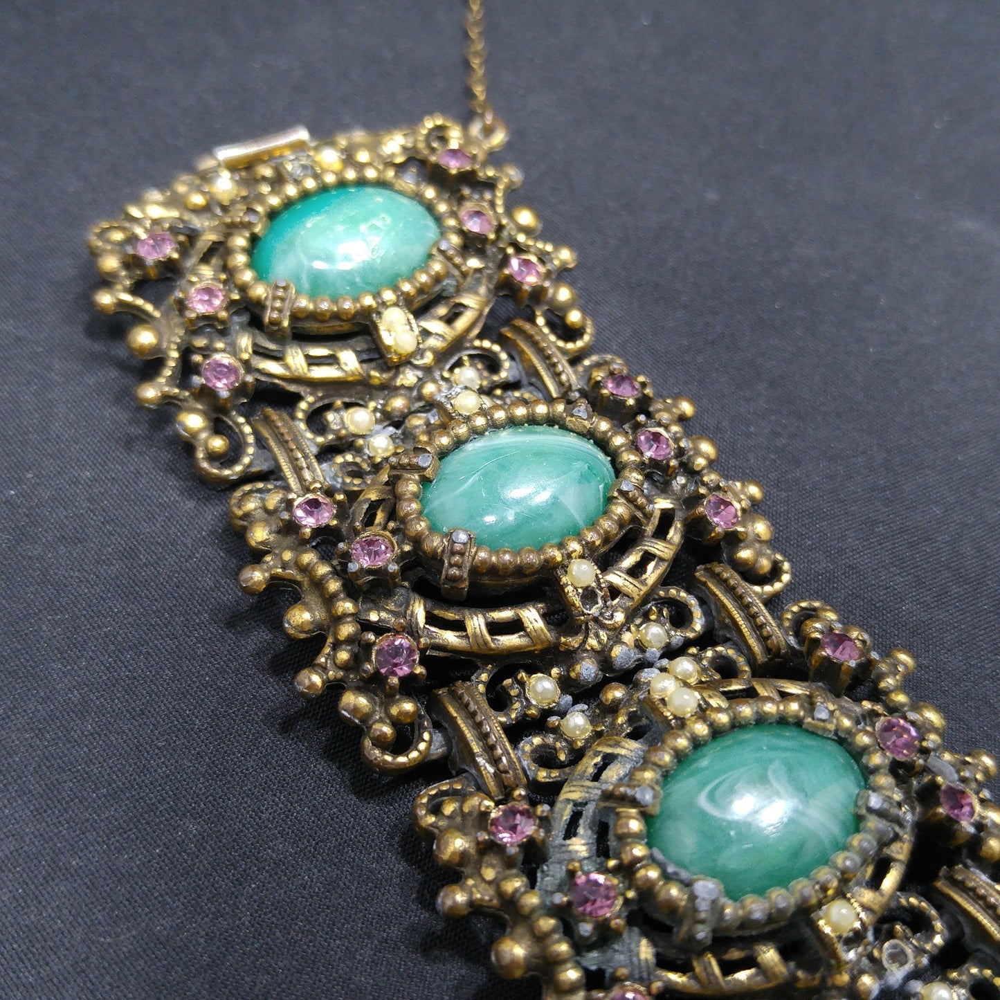Victorian Style Faux Jade Wide Bracelet, Unsigned Joseff of Hollywood, 1940s Vintage Jewelry