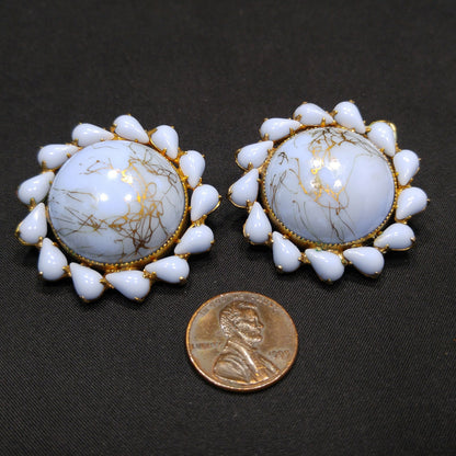 Weiss Light Blue & Gold Marbled Art Glass Earrings, Gold Plated, 1950s Vintage