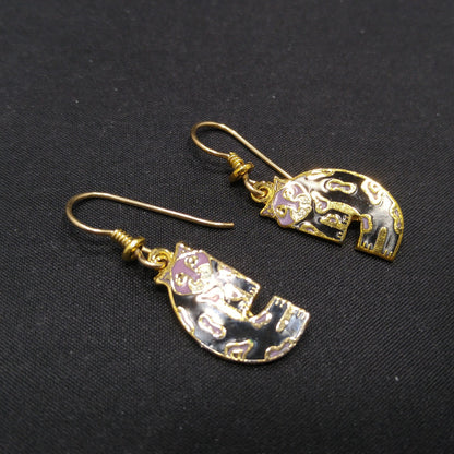 Laurel Burch Baby Snow Leopard Earrings, Cloisonne Black Enamel, Gold Plated, 1980s Vintage Jewelry