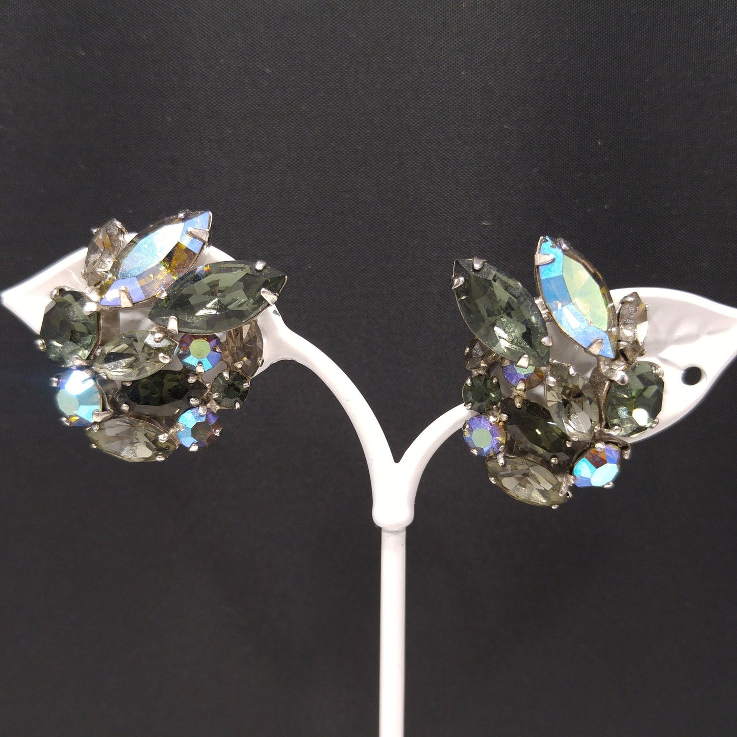Sherman Black Diamond Rhinestone Earrings, Aurora Borealis, 1960s Vintage Jewelry