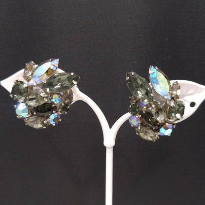 Sherman Black Diamond Rhinestone Earrings, Aurora Borealis, 1960s Vintage Jewelry