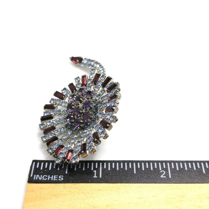 Hobe Purple Light Blue Rhinestone Lily Floral Brooch, Rhodium Plated, 1960s Vintage Jewelry