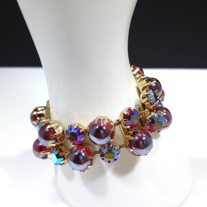 Mid-Century Red Aurora Borealis Rhinestone Cabochon Bracelet, Gold Plated, 1960s Vintage Jewelry