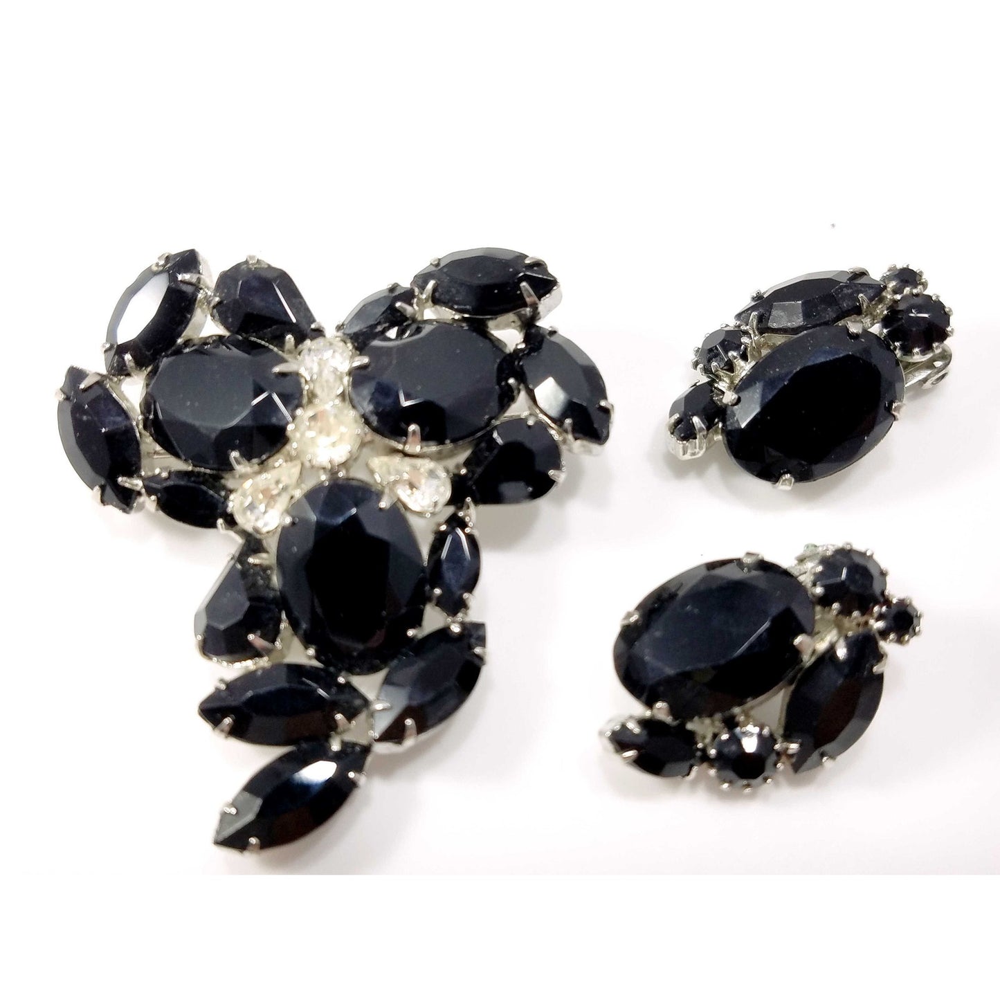 Vintage Weiss Black & Clear Rhinestone Brooch and Earrings Set, Rhodium Plated