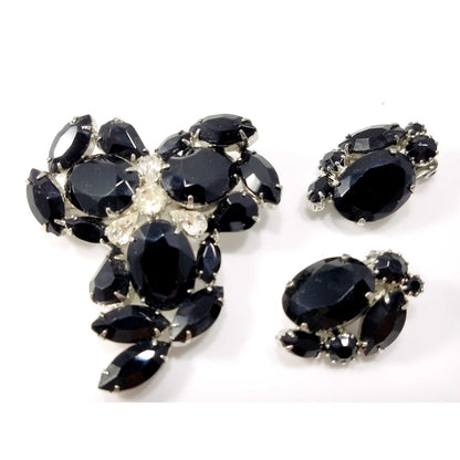 Vintage Weiss Black & Clear Rhinestone Brooch and Earrings Set, Rhodium Plated