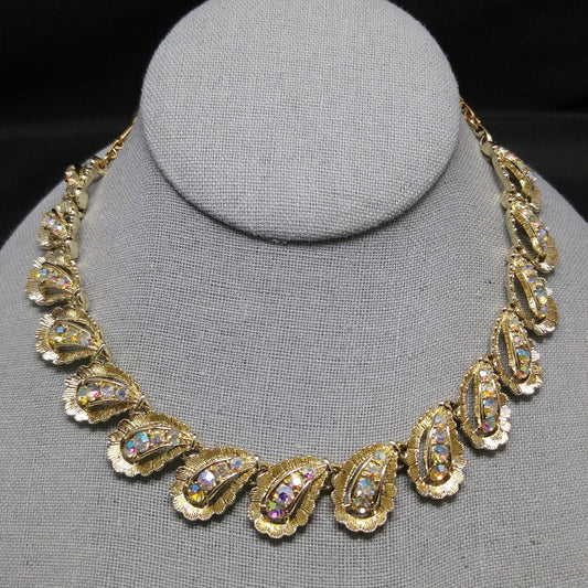 Aurora Borealis Rhinestone Necklace, Gold Plated Choker, 1960s Vintage Jewelry