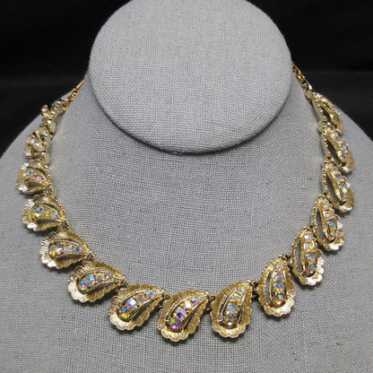 Vintage 1960s Aurora Borealis Rhinestone Gold Plated Choker Necklace 16"