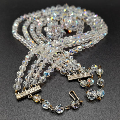 Clear Aurora Borealis Crystal Necklace Earrings Set, Four Strands, Clip Earrings, 1950s Vintage Jewelry