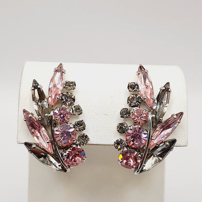 Vintage Sherman Pink Silver Floral Spray Rhodium Plated Clip Earrings