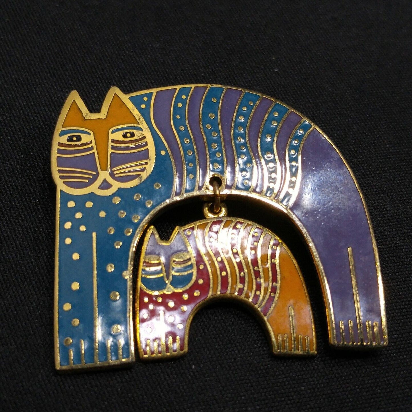Laurel Burch Mr Jios Cat Vintage Brooch, Cloisonne Gold Plated 1980s