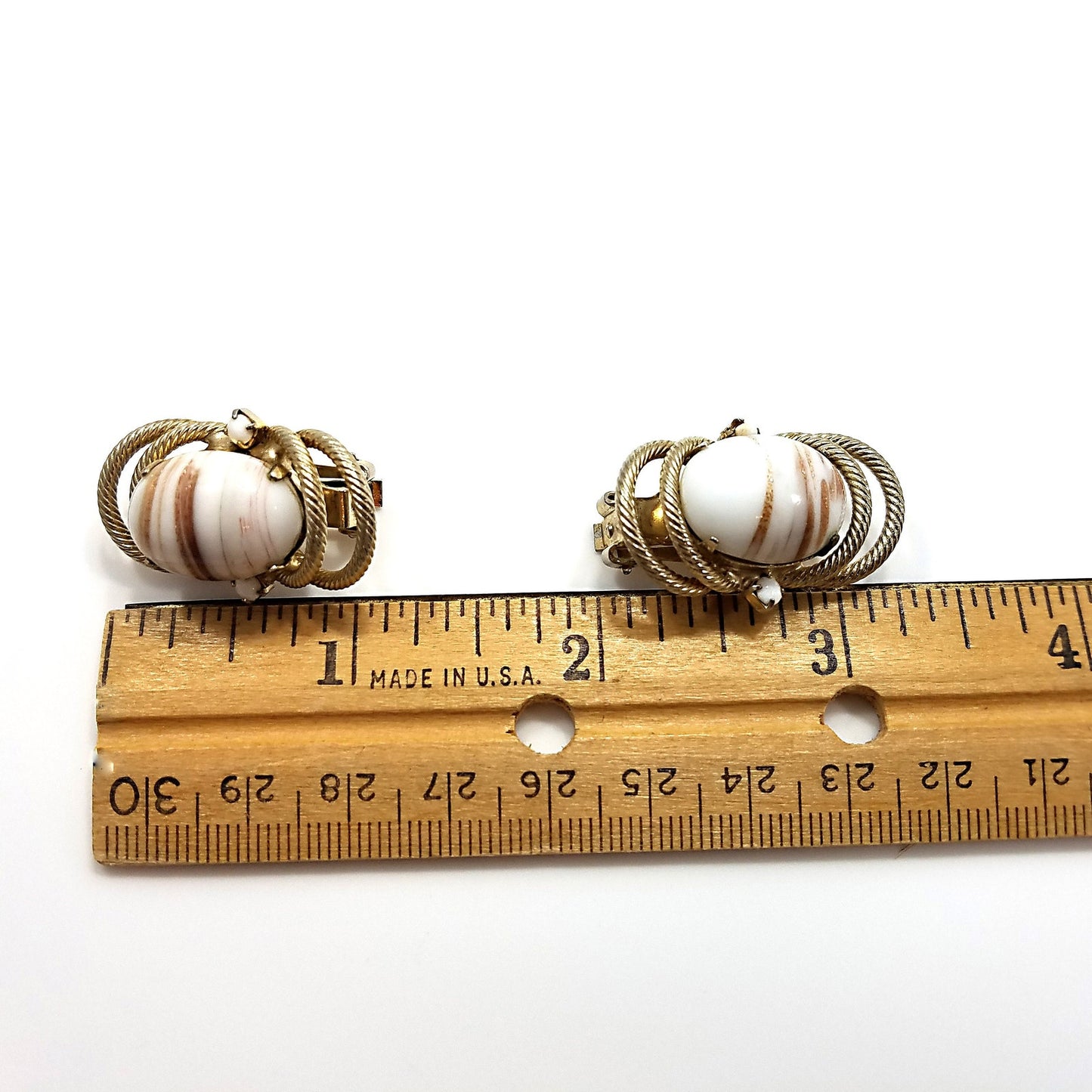 Hobe' White & Gold Earrings, Gold Plated, Art Glass, 1950s Vintage Jewelry
