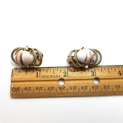 Hobe' White & Gold Earrings, Gold Plated, Art Glass, 1950s Vintage Jewelry