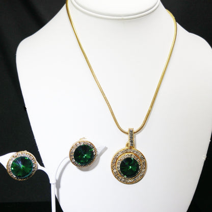 Vintage Green Rivoli Necklace & Earrings, Pave Clear Rhinestones, 1970s Vintage Jewelry