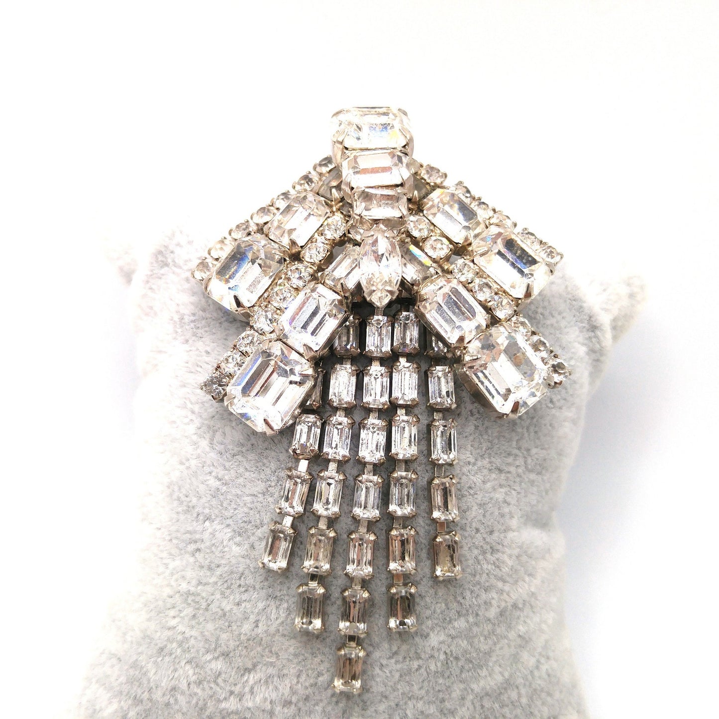 Unsigned Kramer Dragonfly Brooch, Clear Rhinestones, Rhodium Plated, 1960s Vintage Jewelry