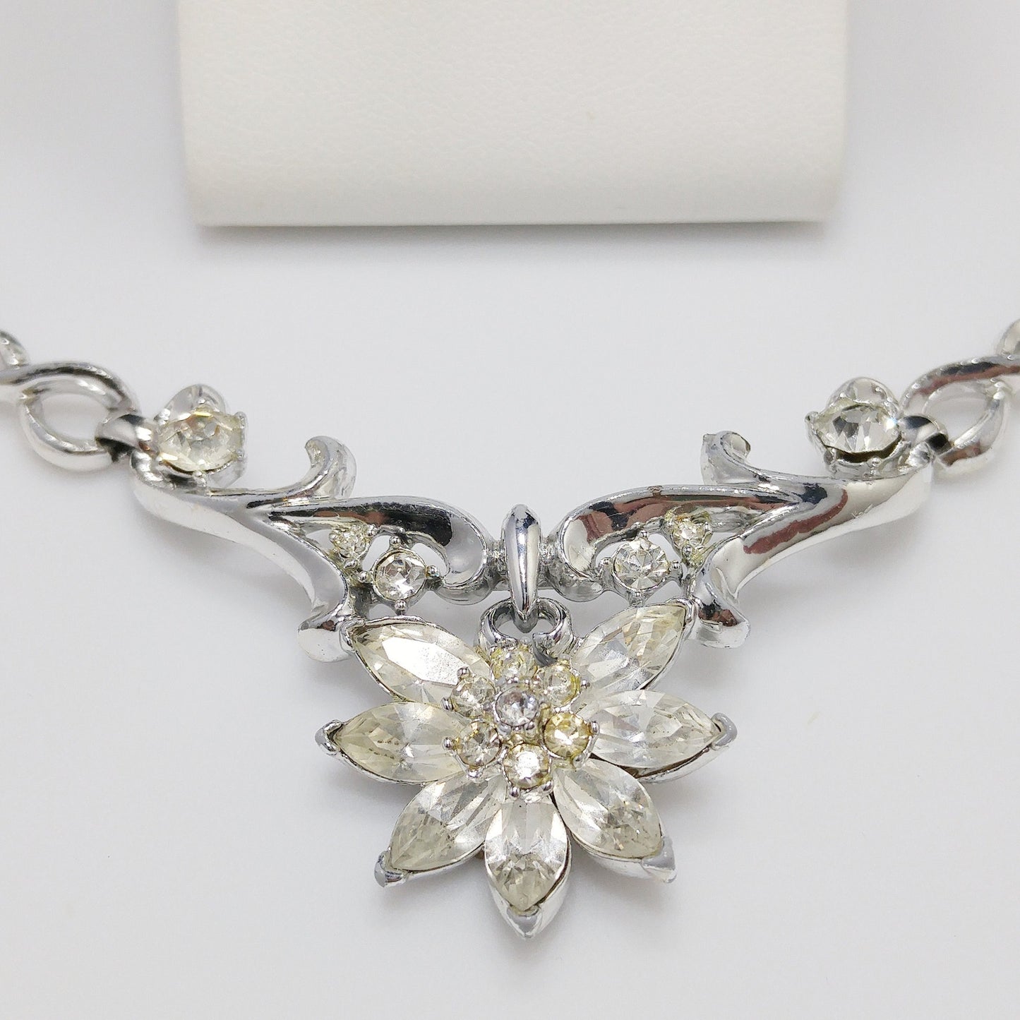 Coro Clear Rhinestone Rhodium Plated Necklace & Earrings, Wedding Jewelry Set, 1950s Vintage Jewelry
