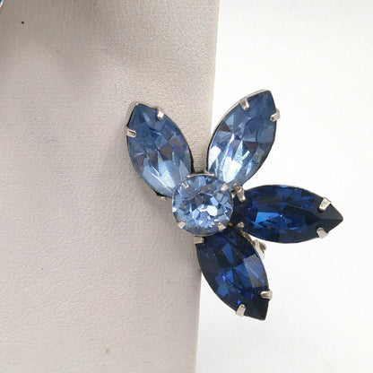 Kramer Blue Rhinestone Brooch Earrings Set, Light Dark Blue, Rhodium Plated, 1960s Vintage Jewelry