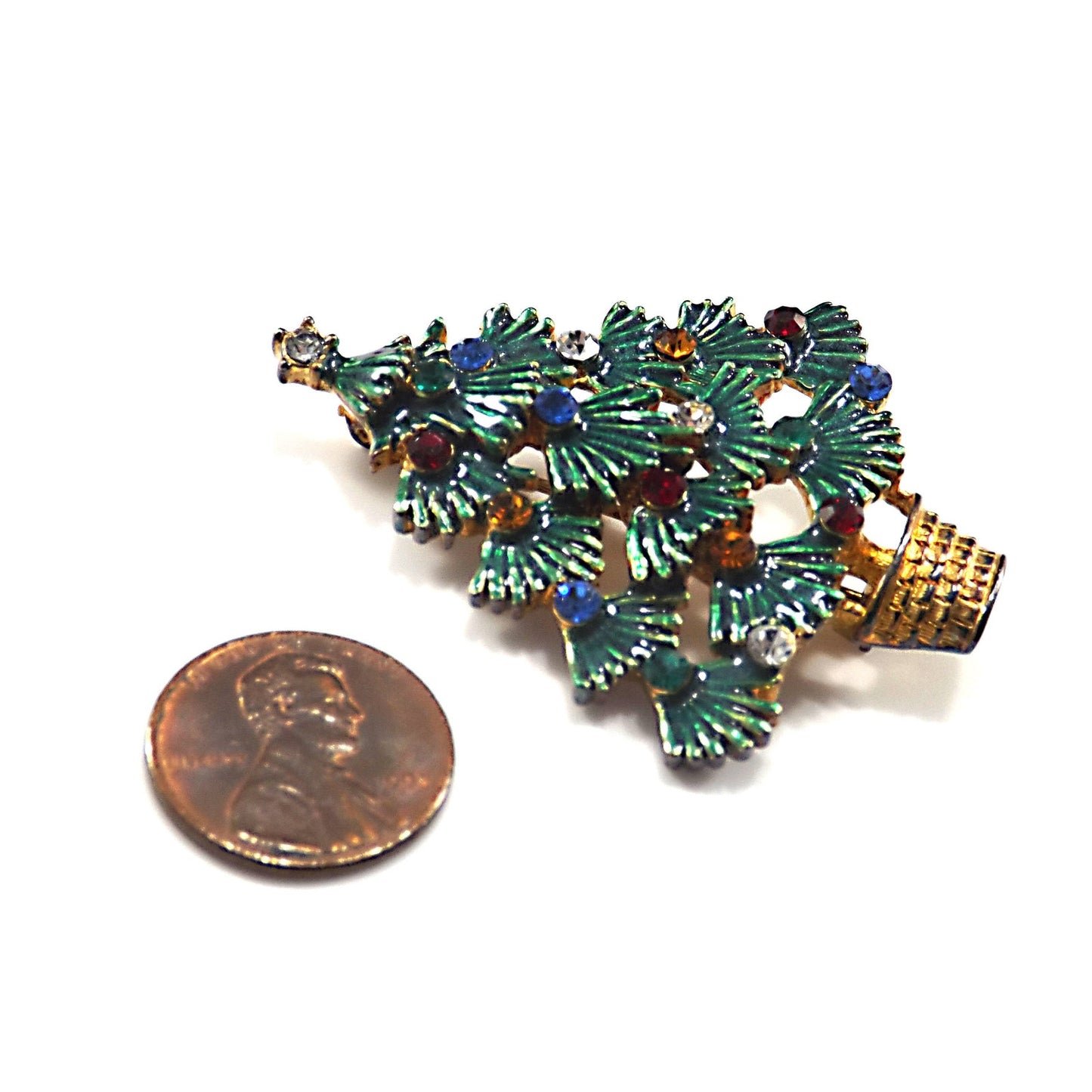 Eisenberg Ice Christmas Tree Brooch, Enamel Leaves, Rhinestones, 1970s Vintage