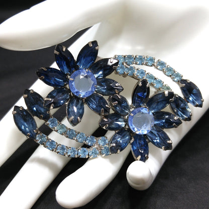 Blue Rhinestone Floral Brooch, Rhodium Plated, 1960s Vintage Jewelry