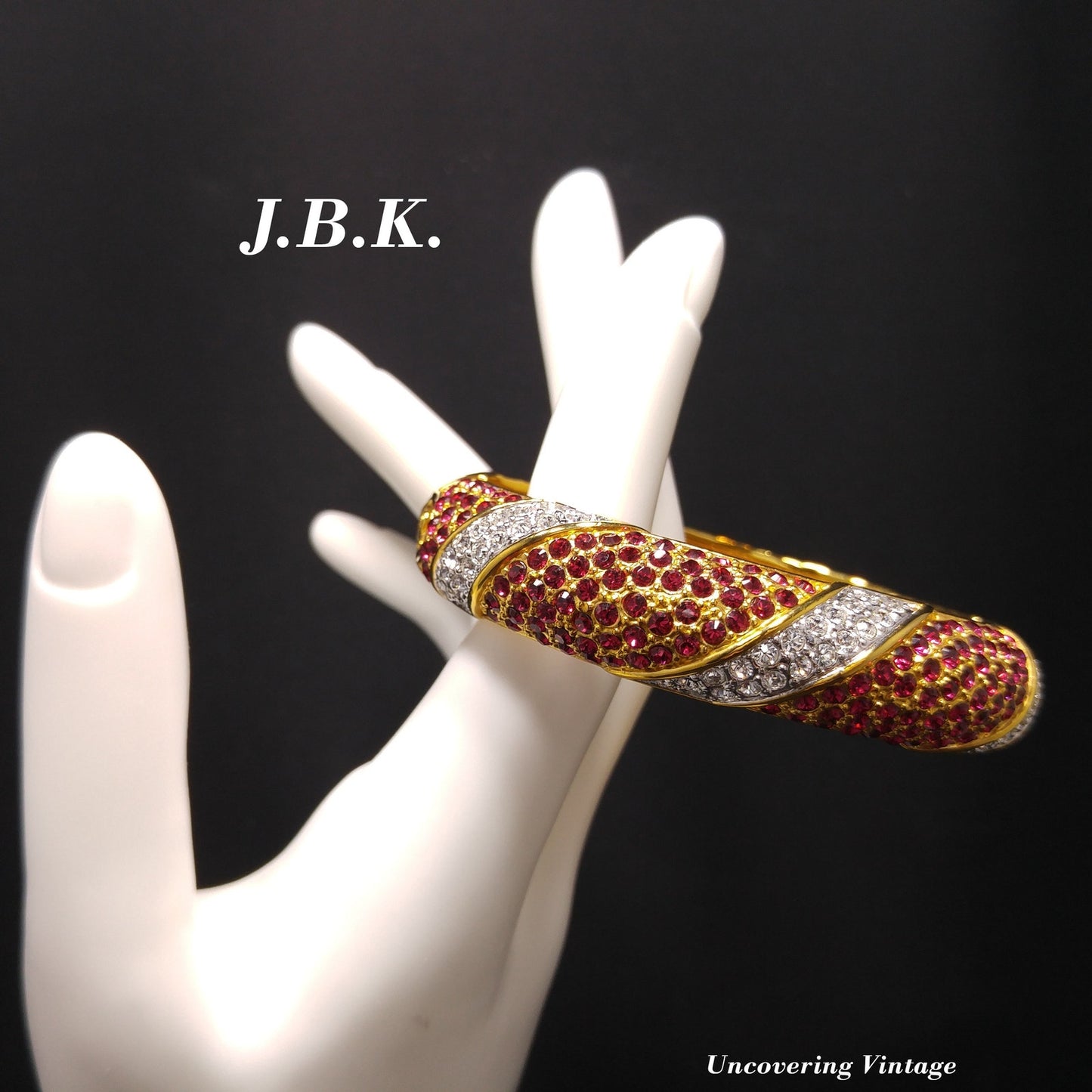 Jackie Kennedy Replica Hinged Bracelet, Camrose & Kross JBK, Red & Clear Rhinestones, 1990s Vintage Jewelry