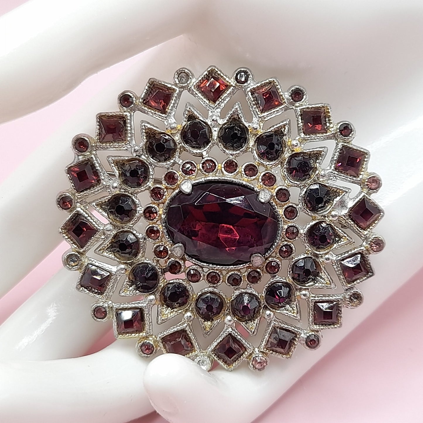 Vintage Purple Rhinestone Oval Brooch, Pot Metal, C Clasp, 1930s