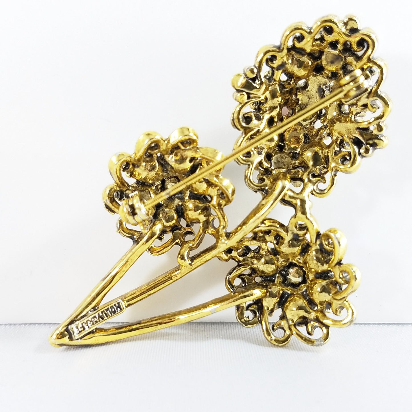 Hollycraft Pastel Rhinestone Floral Brooch, Gold Tone Flower Pin, 1960s Vintage Jewelry