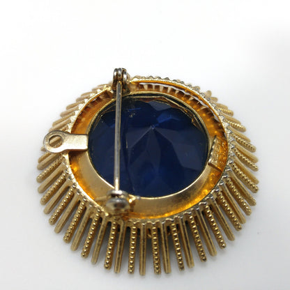 Kramer Large Blue Glass Brooch Pendant, Gold Plated, 1950s Vintage Jewelry