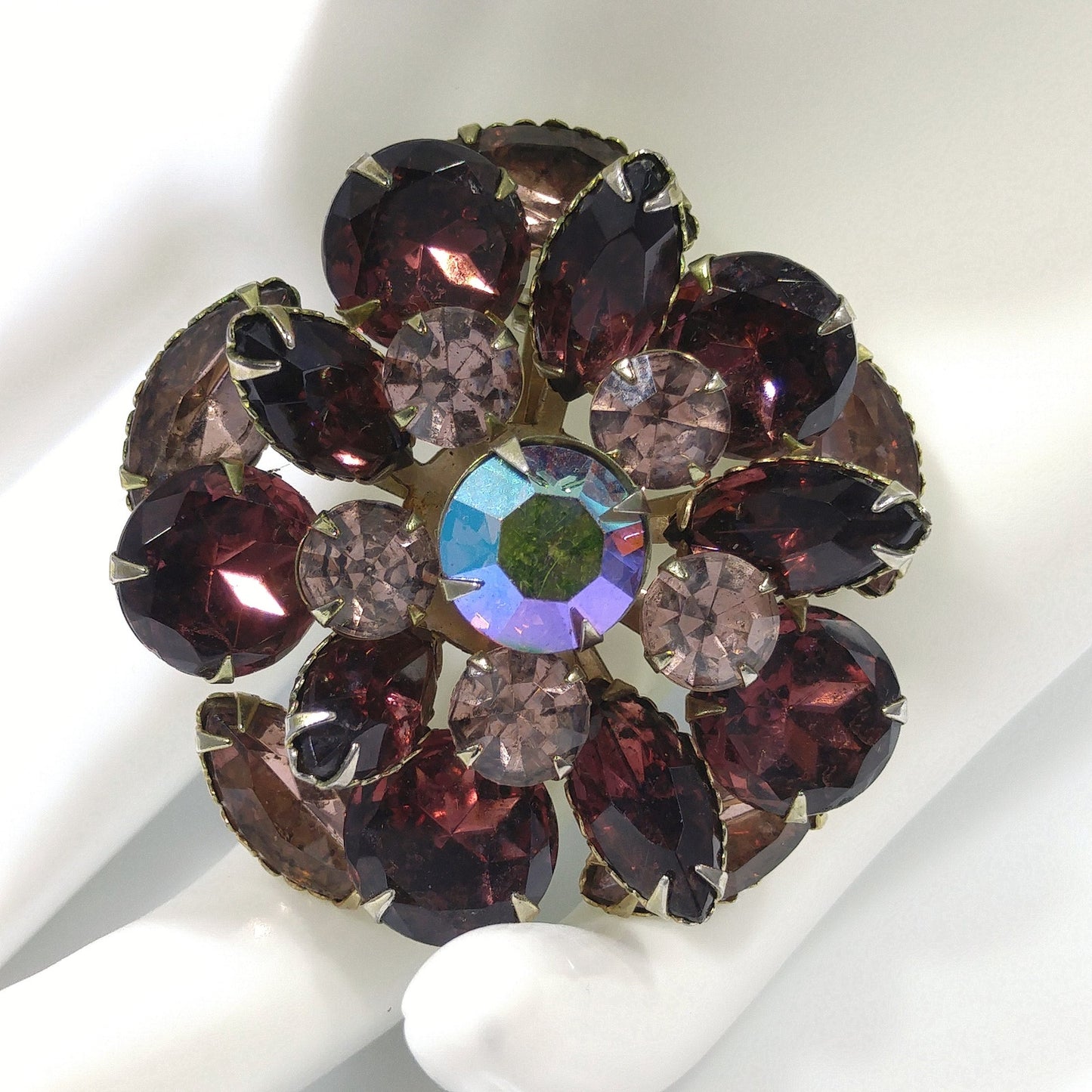 Purple & Lavender Floral Brooch, Aurora Borealis Center, 1950s Vintage Jewelry