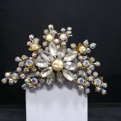 Judy Lee Signed Large Floral Brooch Rhinestone Faux Pearl AB Silver Tone 1950s