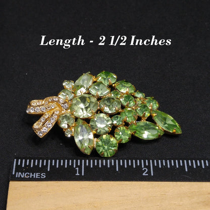 Vintage Weiss Peridot Green Rhinestone Brooch, Uranium Glass, Gold Plated, 1960s