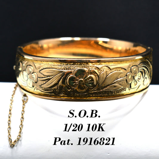 S O Bigney Gold Filled Floral Hinged Bracelet, Safety Chain, 1930s Vintage Jewelry