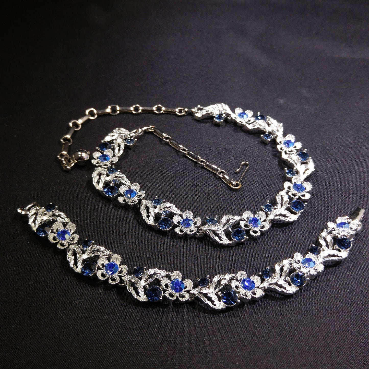 Lisner Blue Necklace & Bracelet Set, Rhodium Plated, Aurora Borealis, 1960s Vintage Jewelry