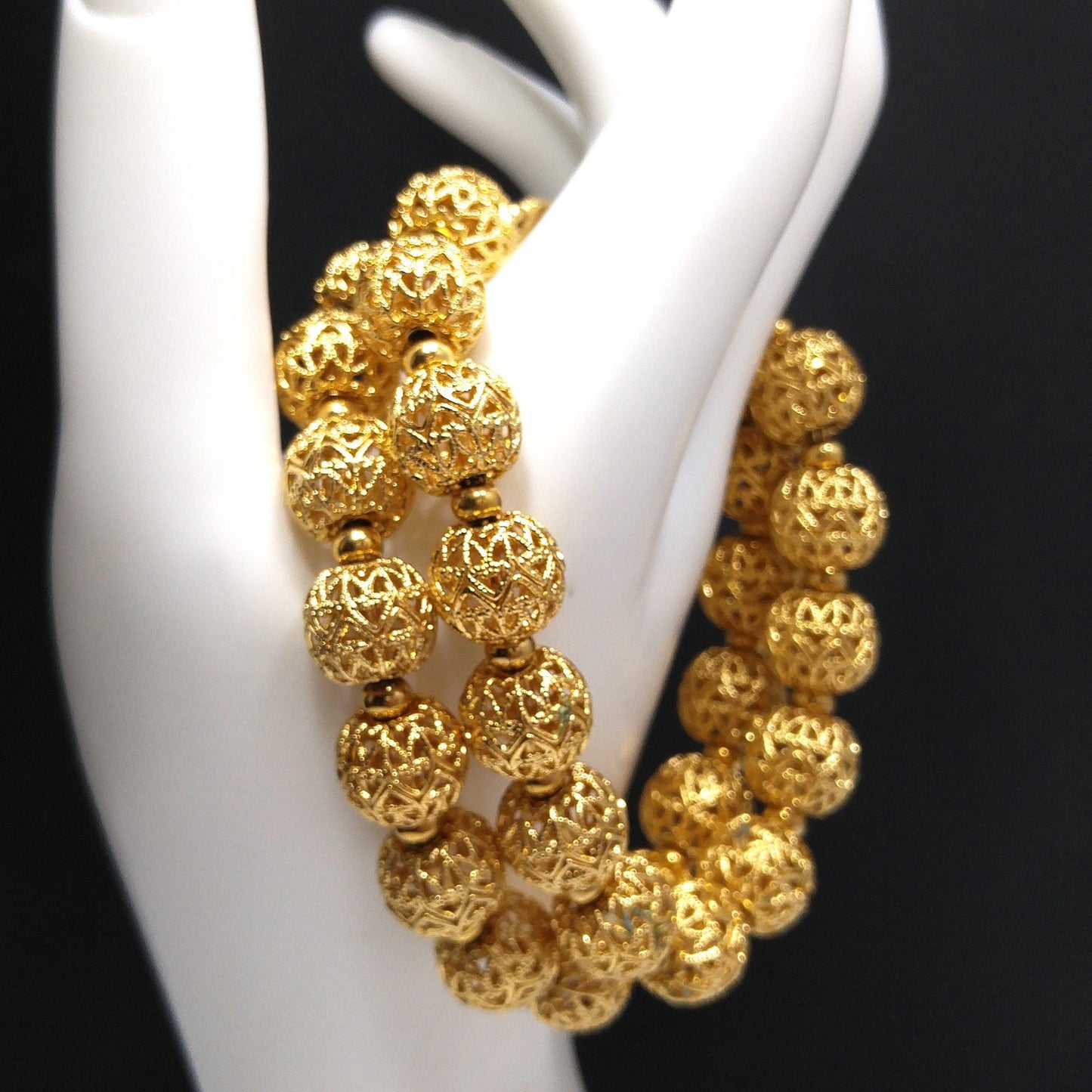 Monet Filigree Beaded Two Strand Bracelet, Gold Plated, Strung on Chain, 1960s Vintage Jewelry