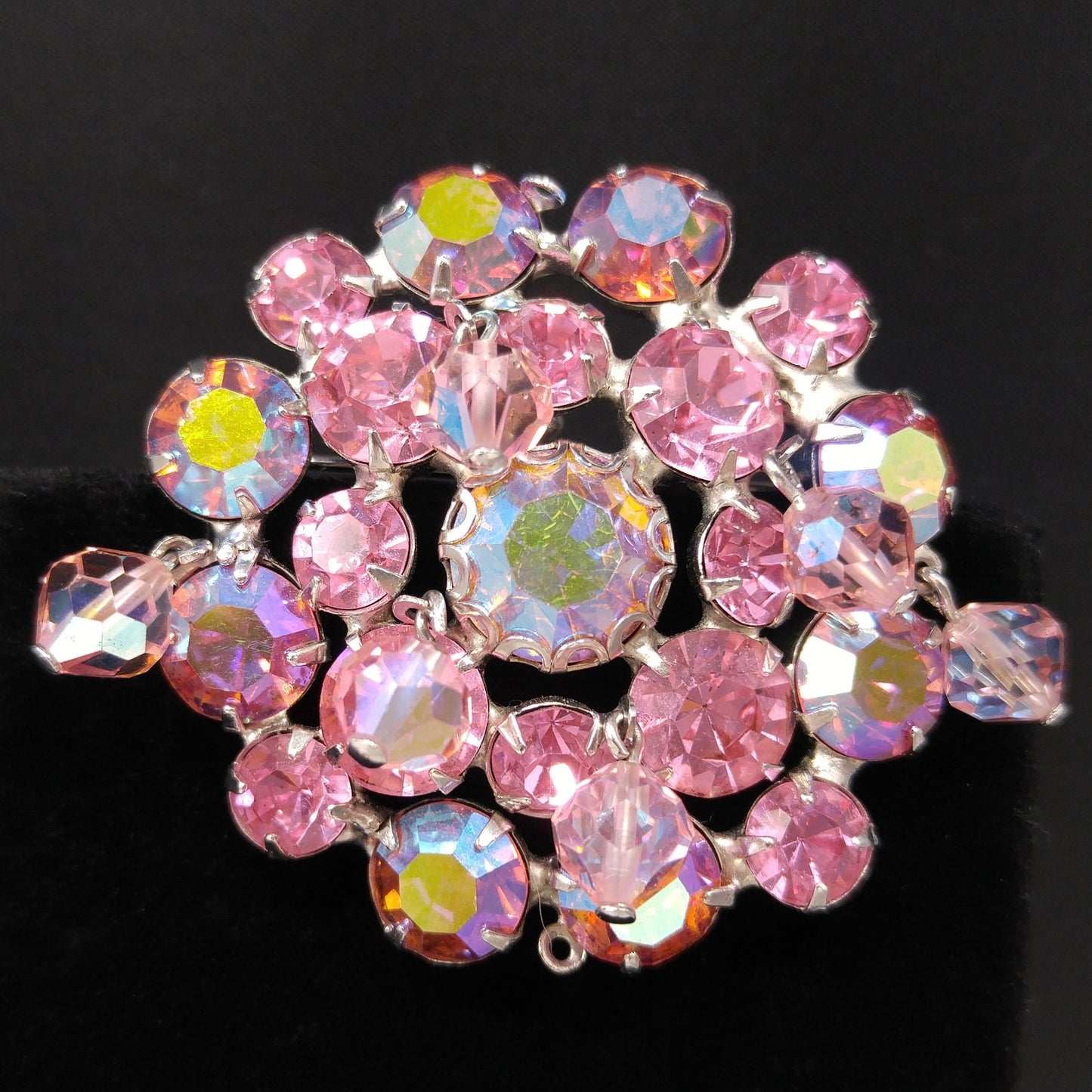 Weiss 1960s Pink Aurora Borealis Brooch & Clip Earrings Set | Dangling Crystal Beads | Vintage Mid-Century Jewelry