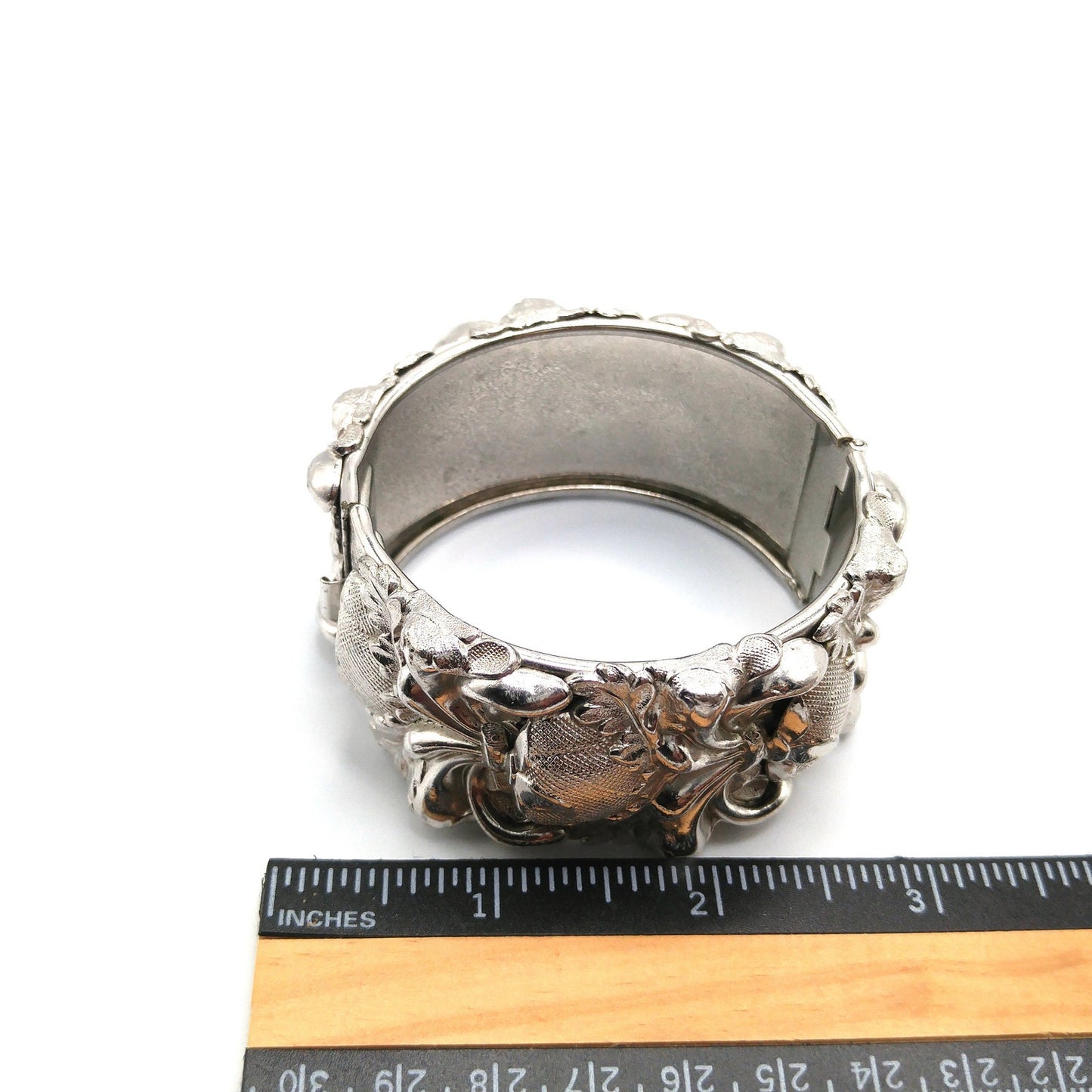 Whiting & Davis Floral Wide Hinged Bracelet, Rhodium Plated, Book Piece, 1970s Vintage Jewelry