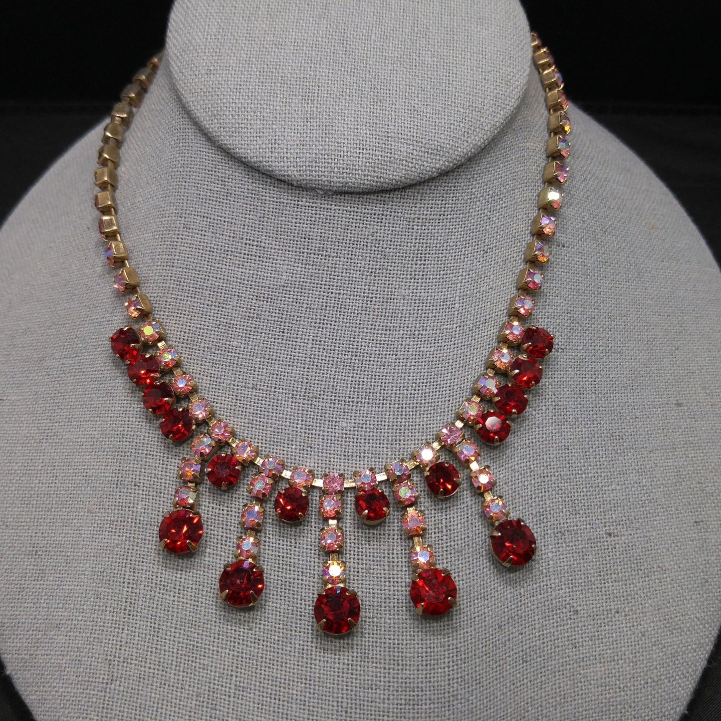 Vintage 1950s Red & Pink AB Rhinestone Choker Necklace Gold Tone 14.5"