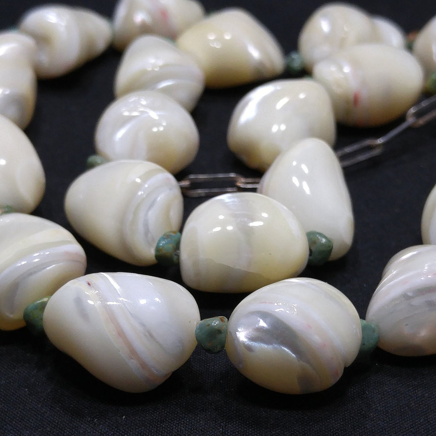 Beaded Shell Chrysoprase Necklace, Sterling Silver Italy, 1980s Vintage Jewelry