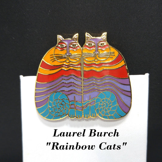 Laurel Burch "Rainbow Cats" Two Cat Brooch, Gold Plated Cloisonne Enamel, 1980s Vintage Jewelry