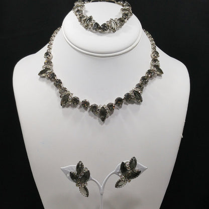 Black Diamond & Clear Rhinestone Jewelry Set, Necklace Bracelet Clip Earrings, 1950s Vintage Jewelry