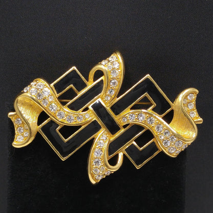 Vintage Swarovski Ribbon Brooch – Black Enamel & Clear Pavé Crystals, 1980s–1990s