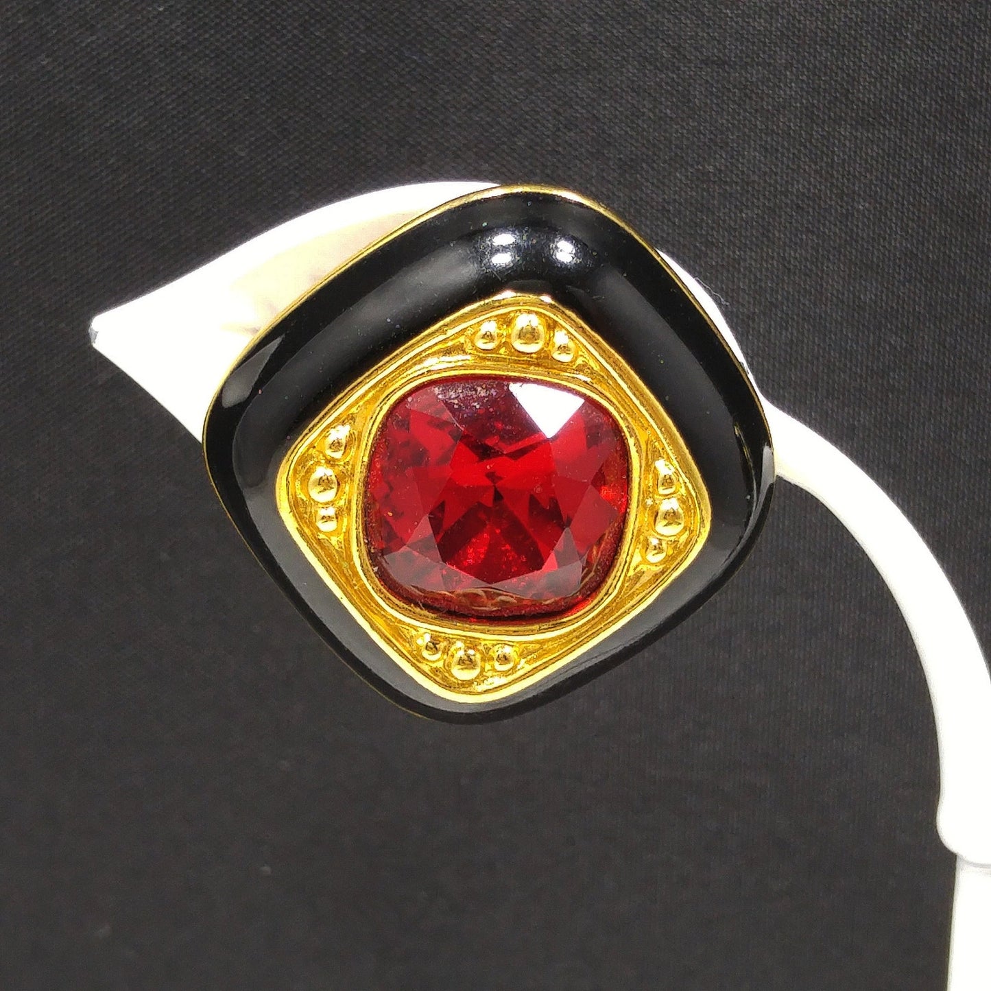 Vintage Swarovski Clip Earrings – Black Enamel & Red Crystal, Gold Plated 1980s