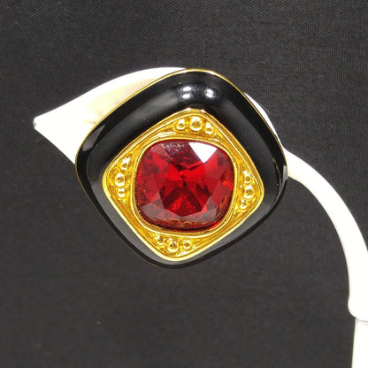 Vintage Swarovski Clip Earrings – Black Enamel & Red Crystal, Gold Plated 1980s