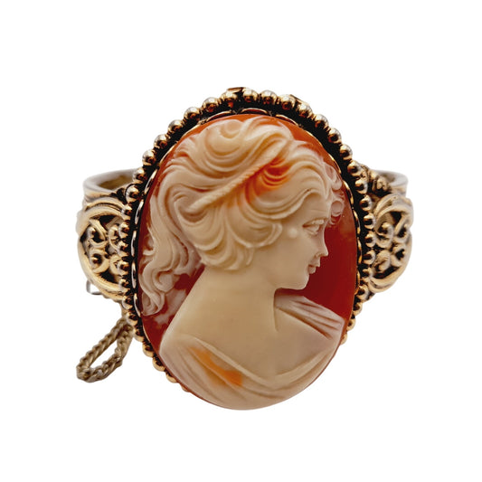 Vintage Lucite Cameo Gold Tone Hinged Bracelet with Safety Chain