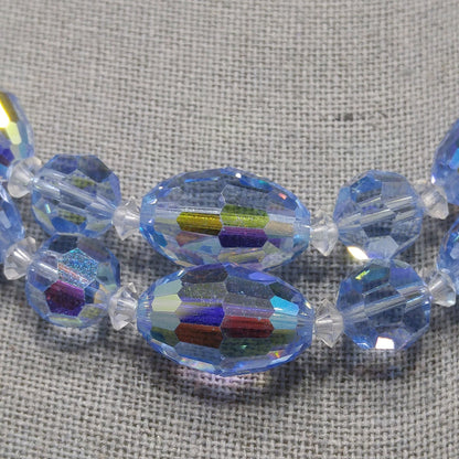 Mid Century Light Blue Oval Crystal Bead Necklace, Two Strands Graduated Sizes, 1950s Vintage Jewelry