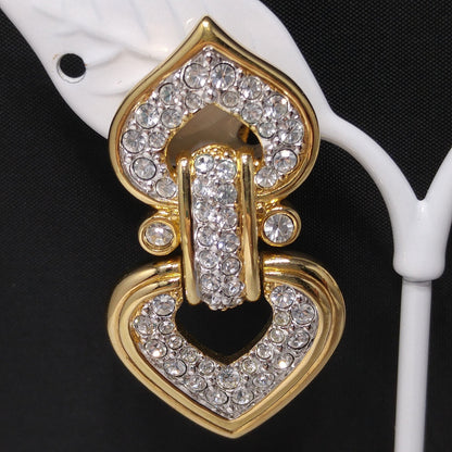 Swarovski Swan Logo Gold Plated Heart Drop Clip Earrings Clear Pave Crystals 90s