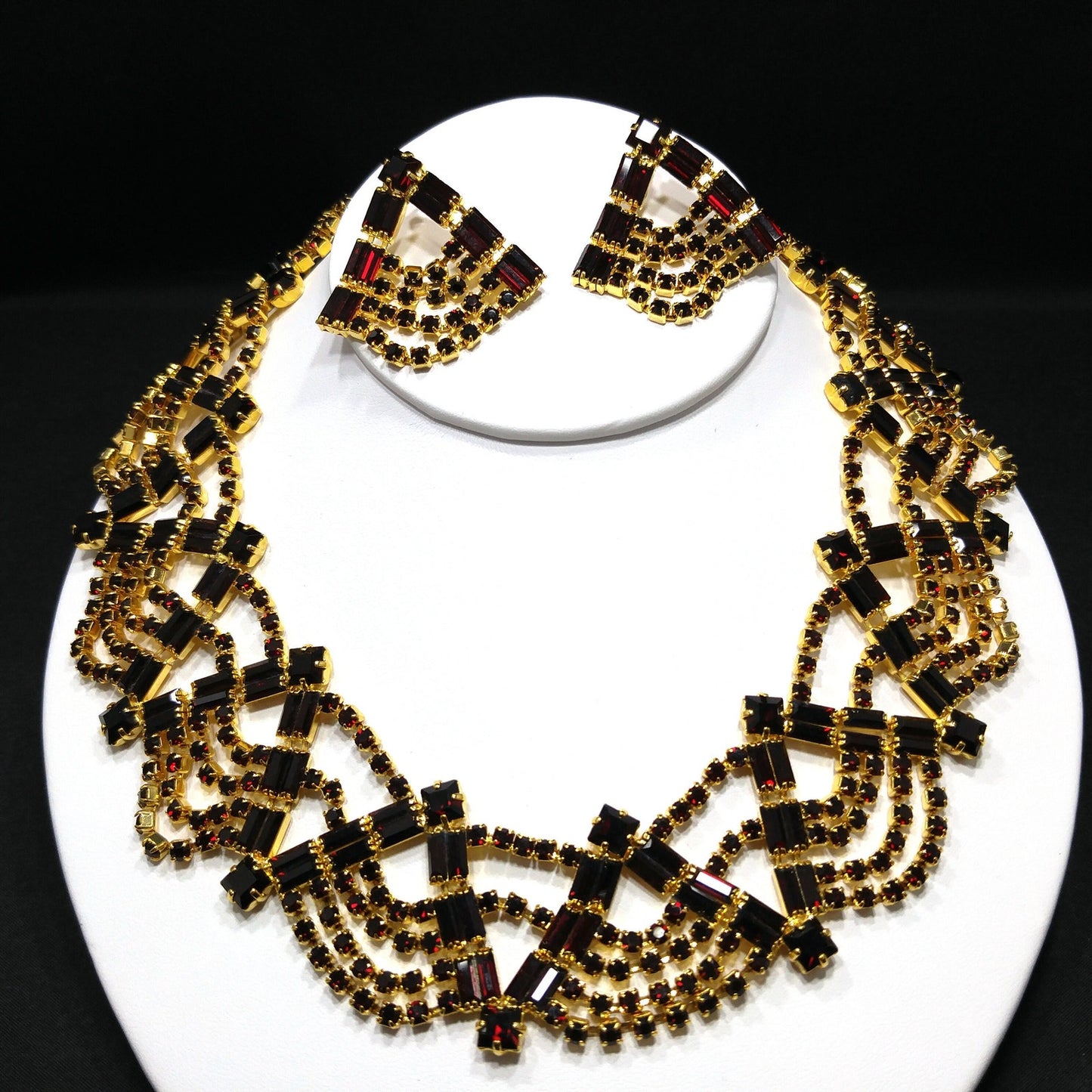 Czech Republic Garnet Red Rhinestone Necklace Bracelet Earrings, Gold Plated, 1990s Vintage Jewelry