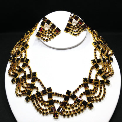 Czech Republic Garnet Red Rhinestone Necklace Bracelet Earrings, Gold Plated, 1990s Vintage Jewelry